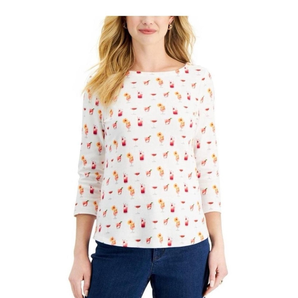 Charter club cocktail print 100% cotton‎ 3/4 sleeve women’s top PS